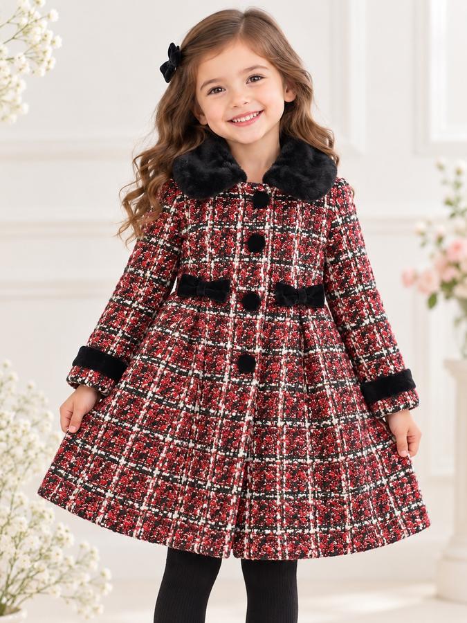 Girls’ Red Tweed Plaid Coat with Faux-Fur Collar, photo 2