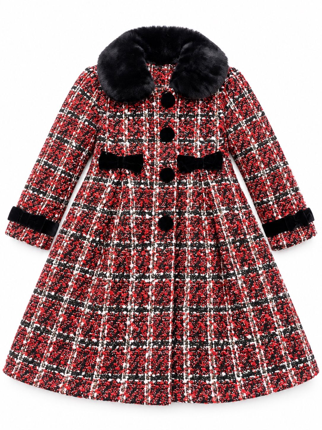 Girls’ Red Tweed Plaid Coat with Faux-Fur Collar