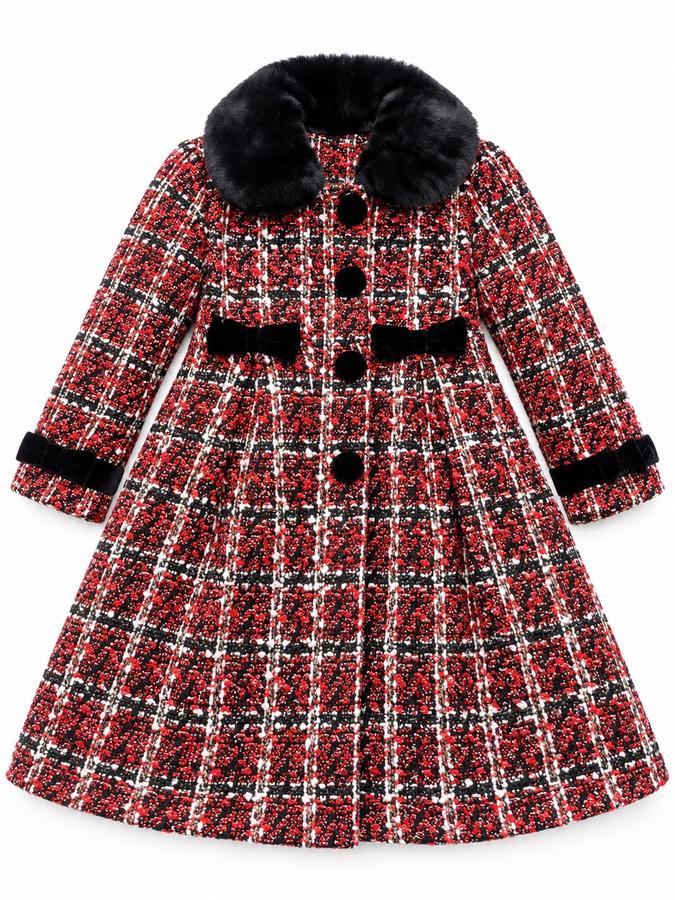 Girls’ Red Tweed Plaid Coat with Faux-Fur Collar