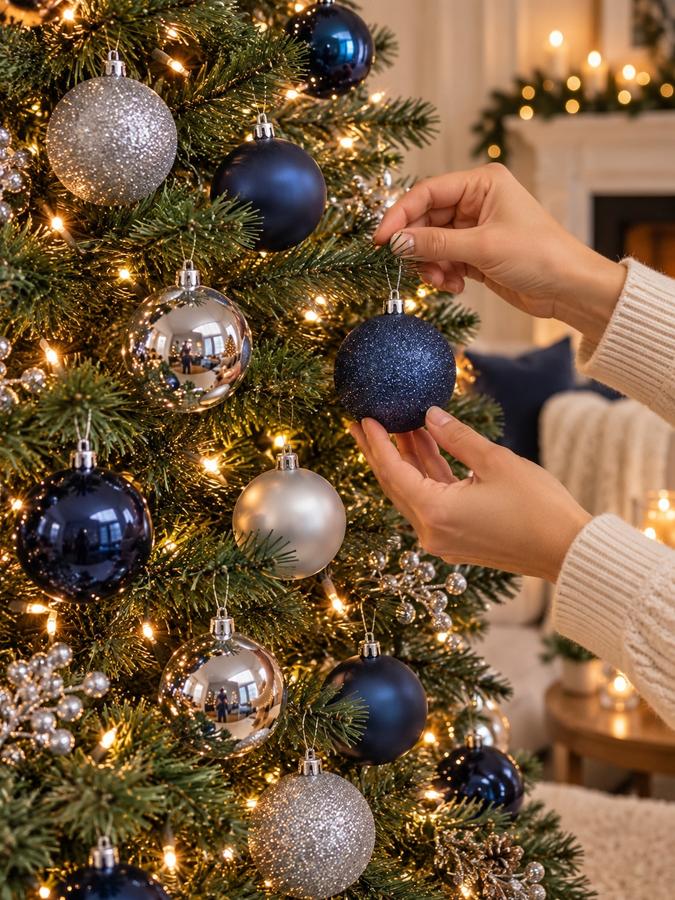 50-Piece Navy & Silver Christmas Ornament Set, photo 2