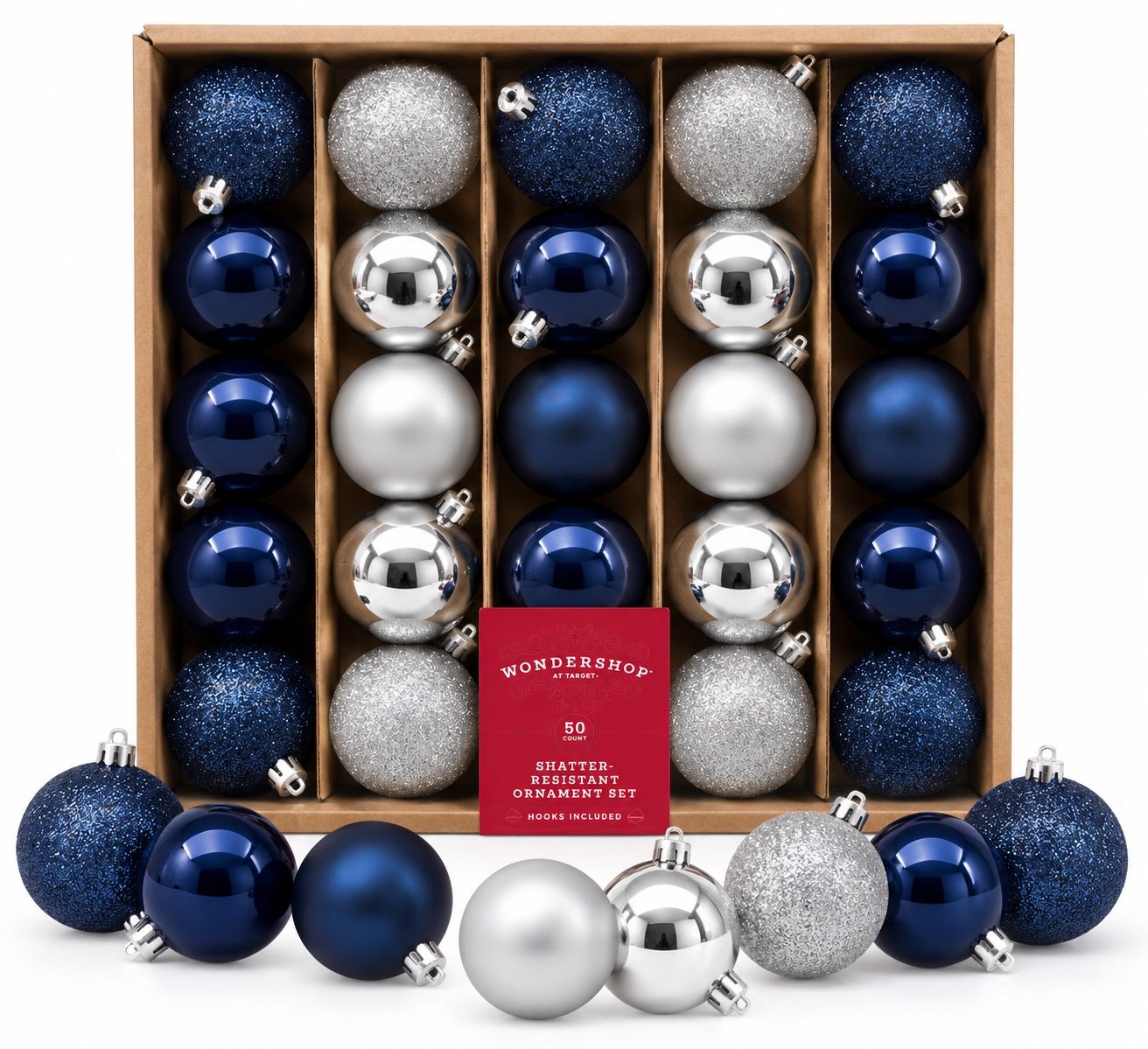 50-Piece Navy & Silver Christmas Ornament Set