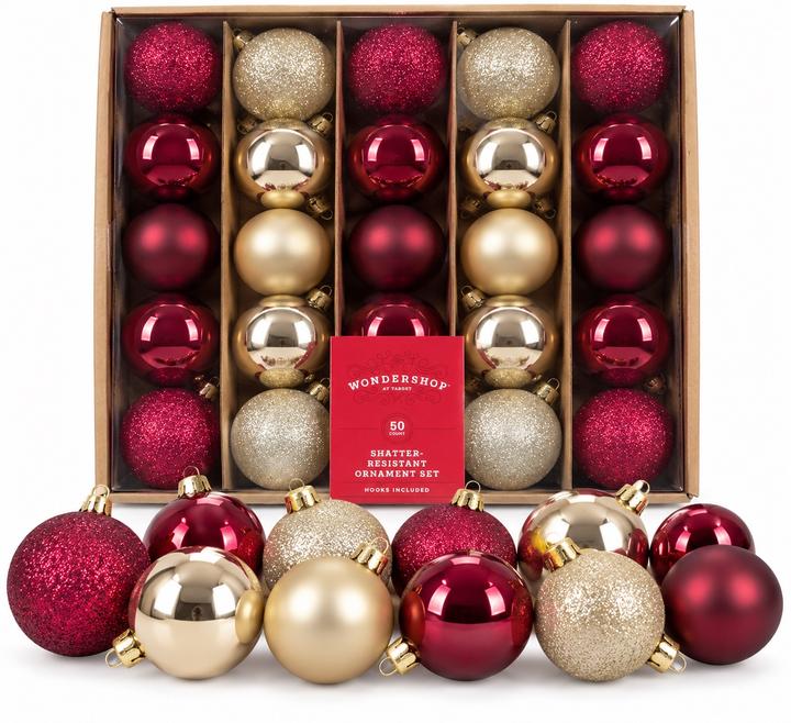 50-Piece Burgundy & Gold Christmas Ornament Set