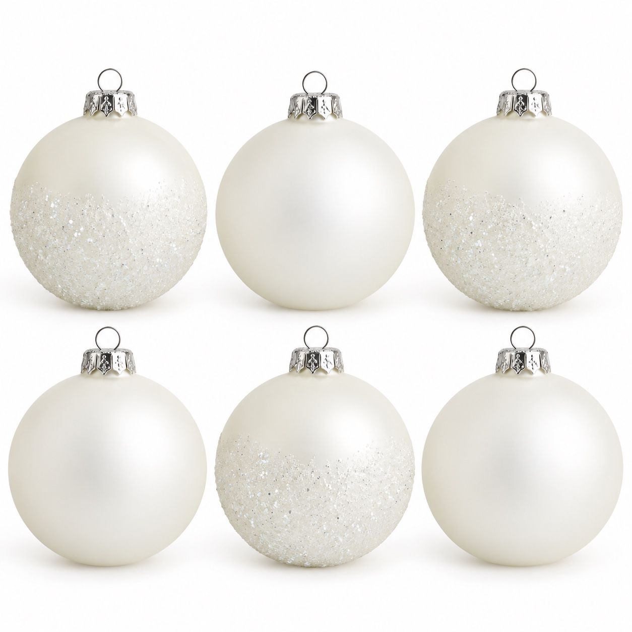 Set of 6 Winter White Glass Christmas Baubles