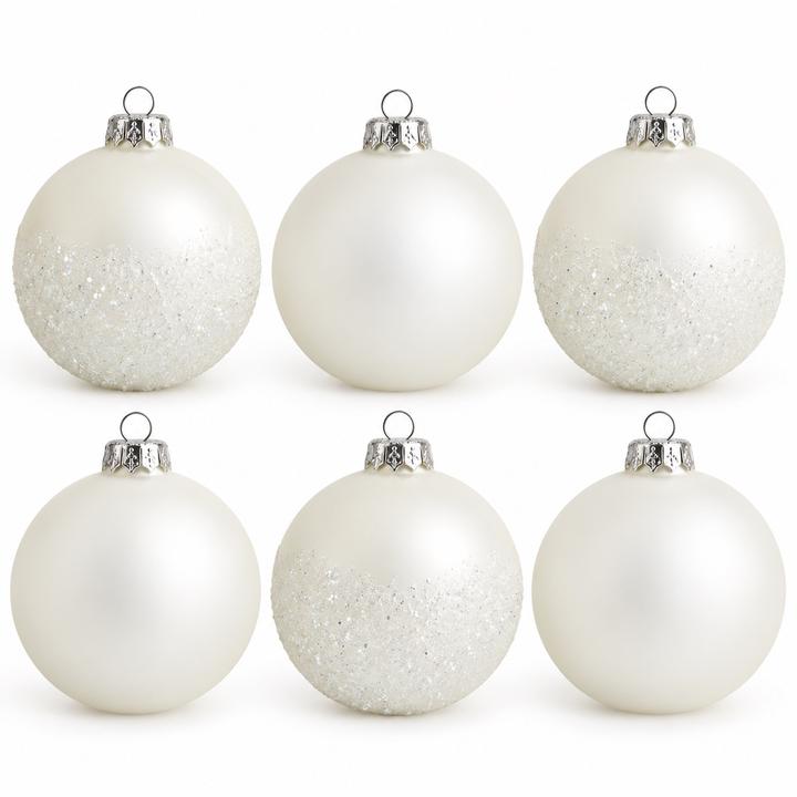 Set of 6 Winter White Glass Christmas Baubles