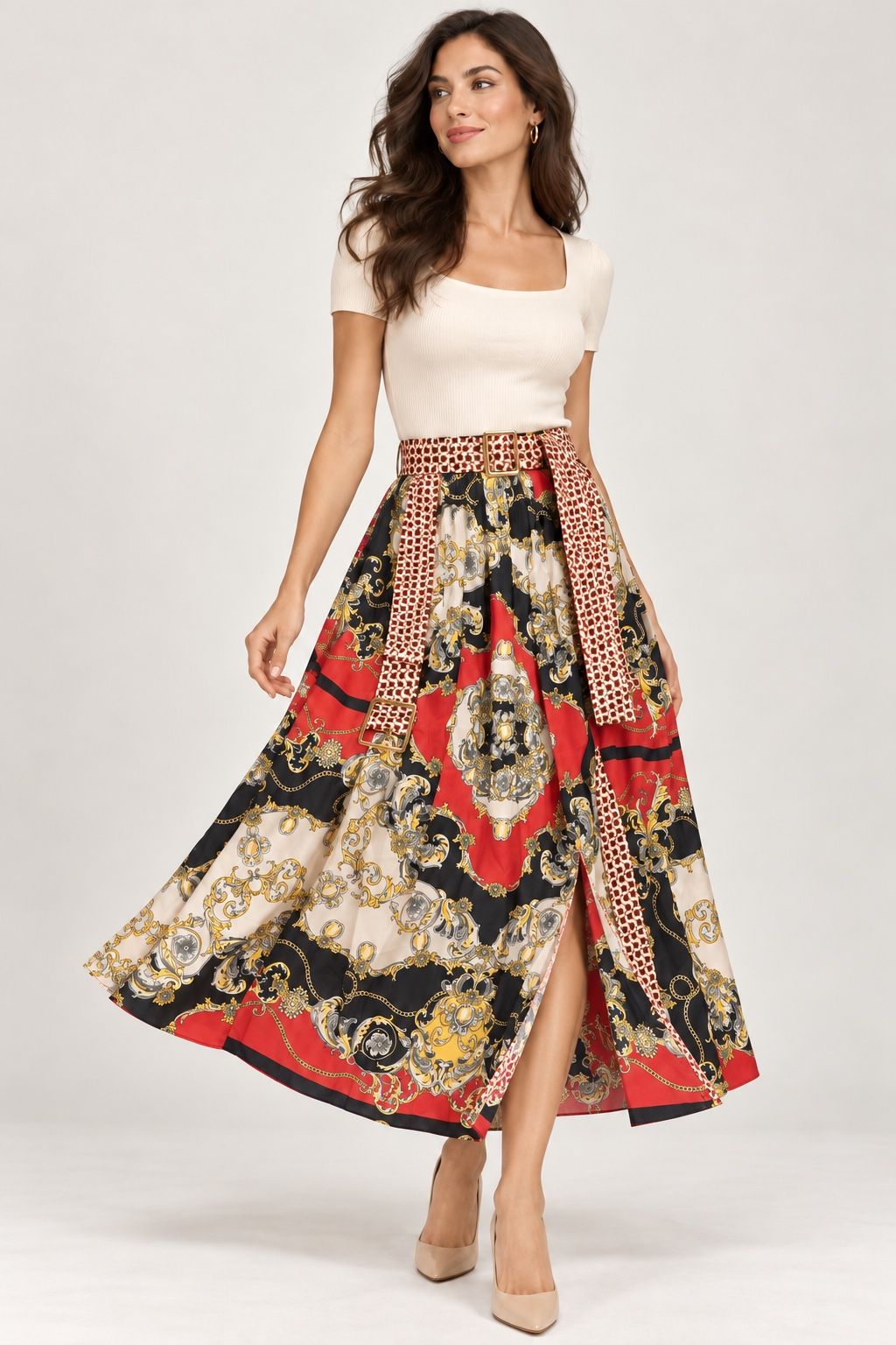 Zara Woman Baroque Print Belted Midi Skirt, photo 3