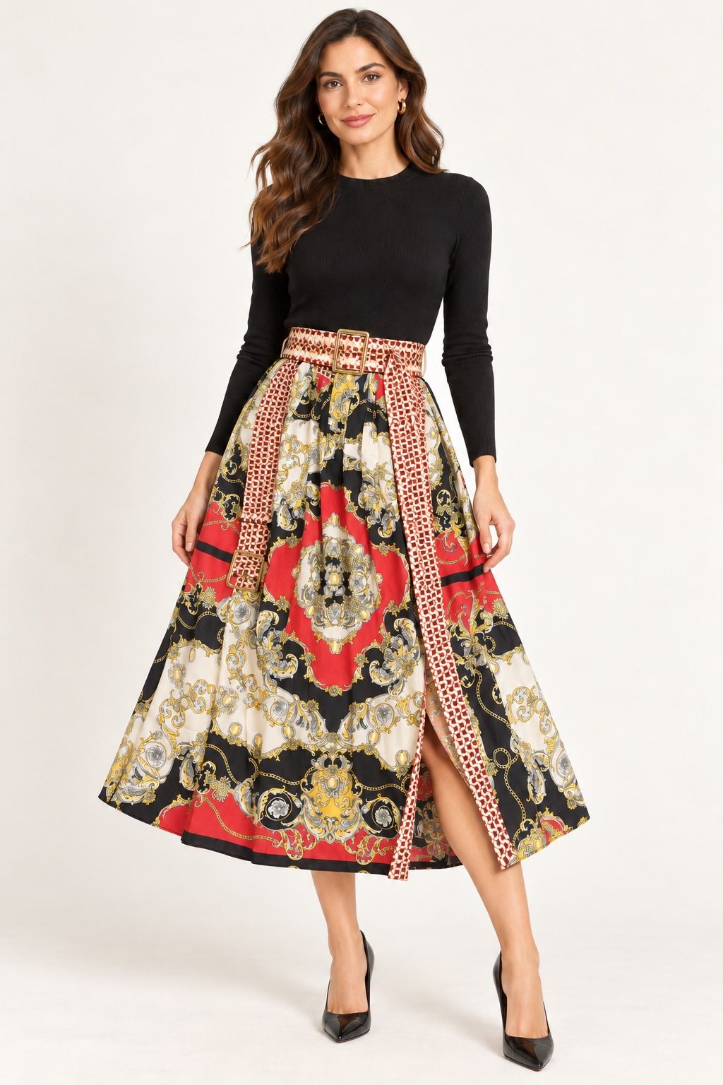 Zara Woman Baroque Print Belted Midi Skirt, photo 2