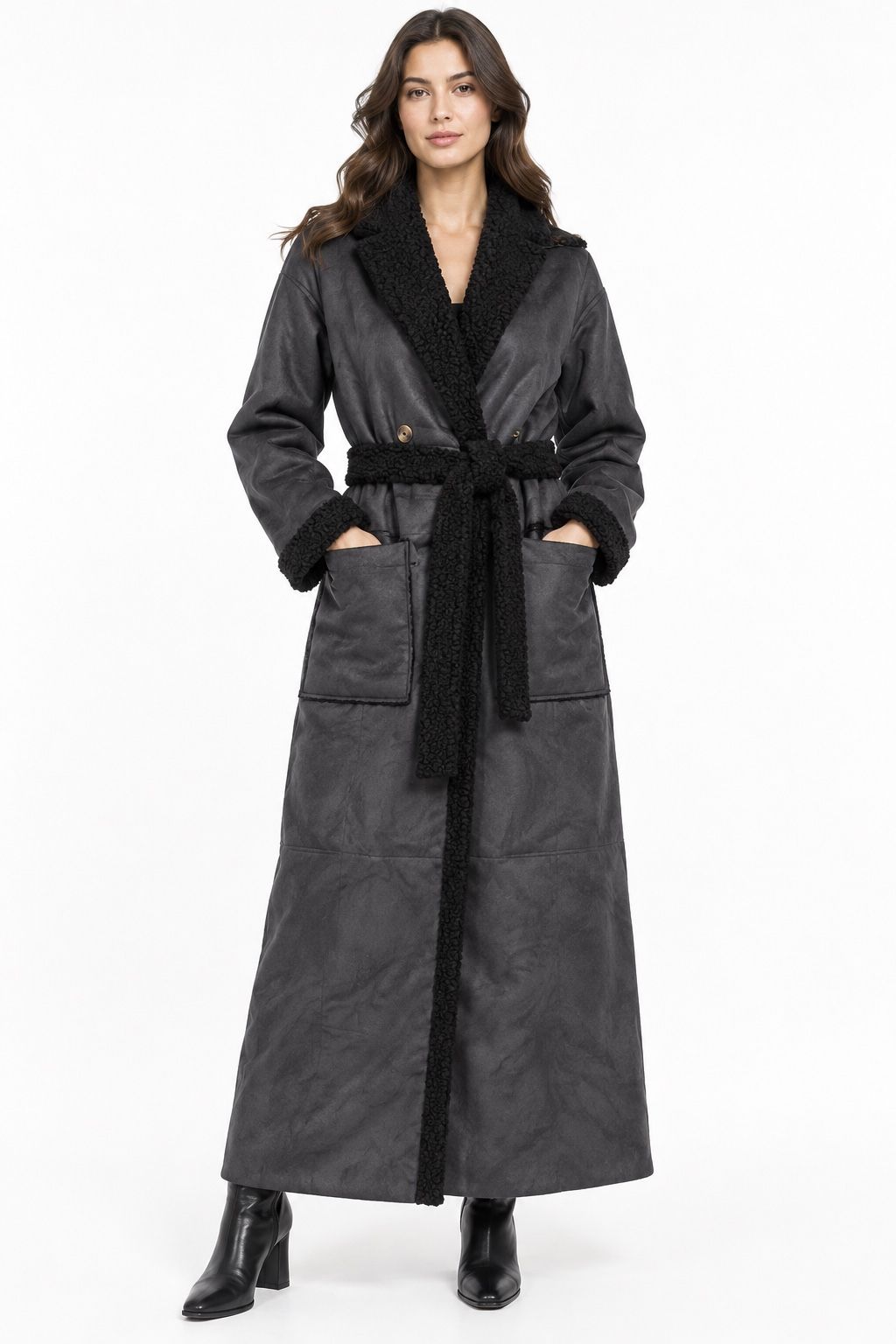 Charcoal Gray Long Belted Coat with Black Sherpa Trim, photo 2