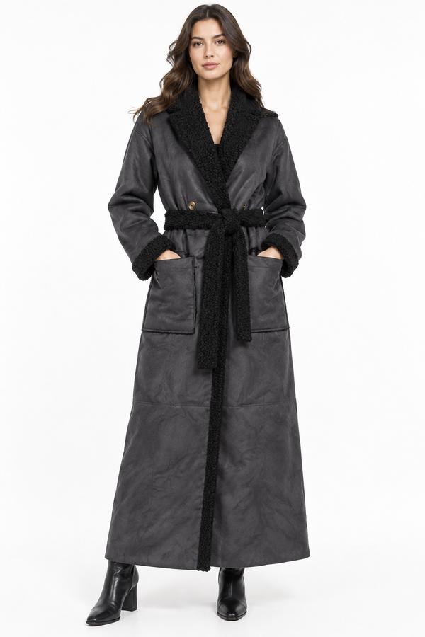 Charcoal Gray Long Belted Coat with Black Sherpa Trim, photo 2