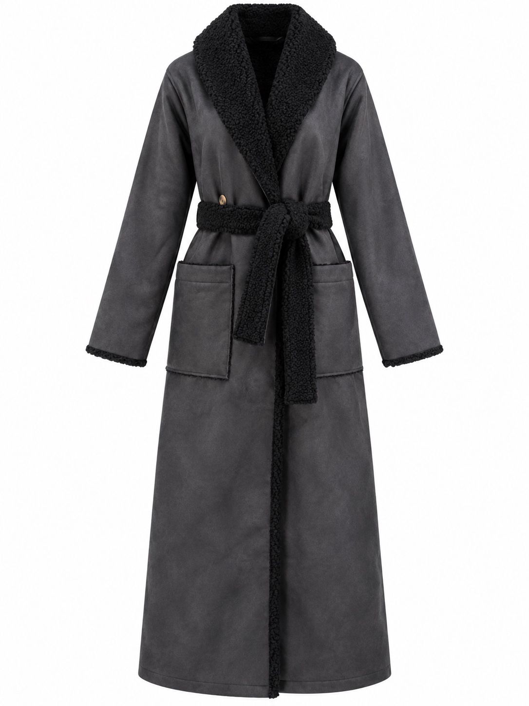 Charcoal Gray Long Belted Coat with Black Sherpa Trim
