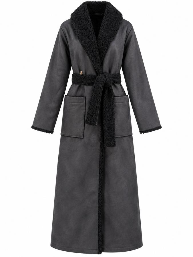 Charcoal Gray Long Belted Coat with Black Sherpa Trim