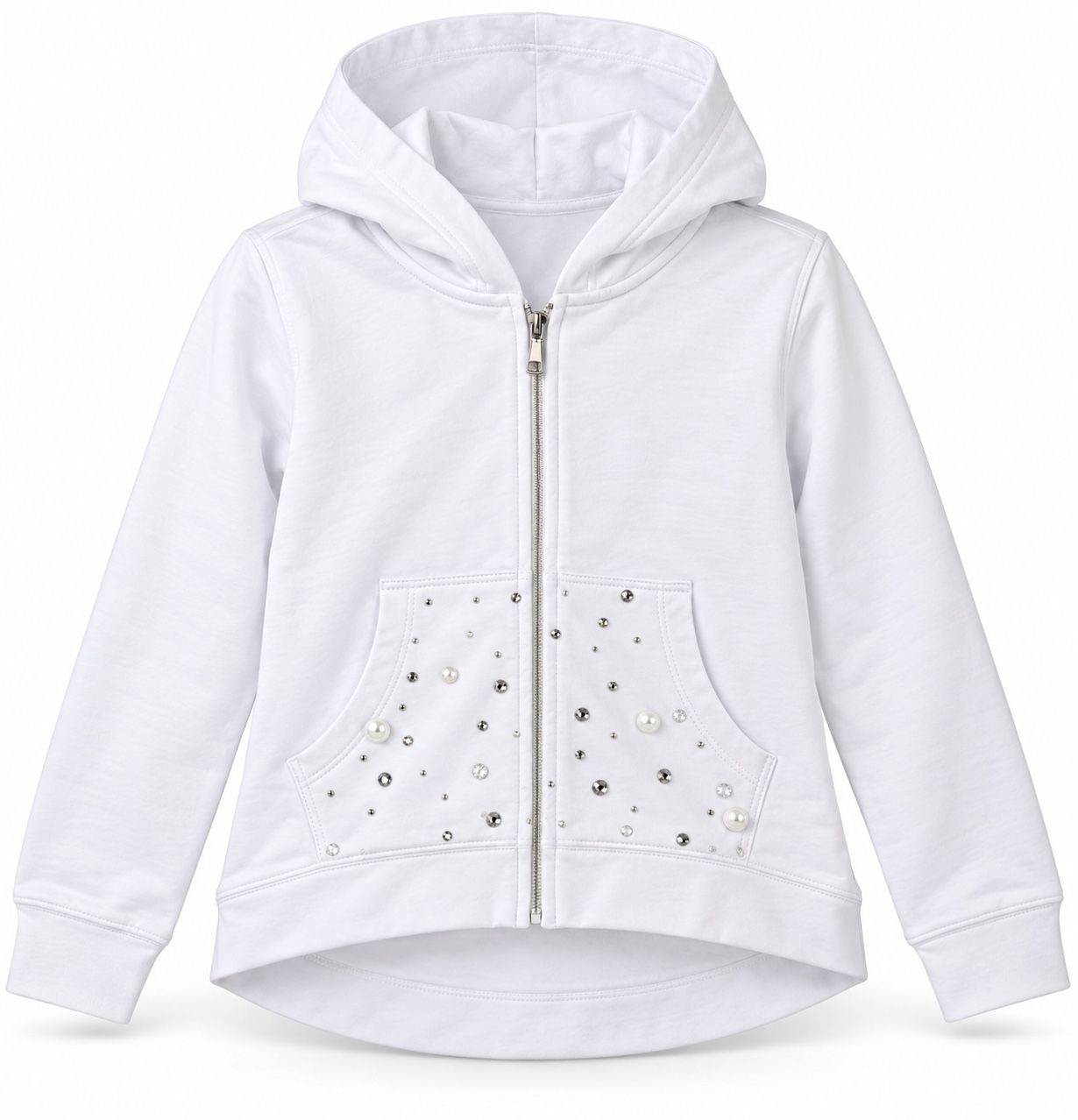 Girls’ White Embellished Zip-Up Hoodie