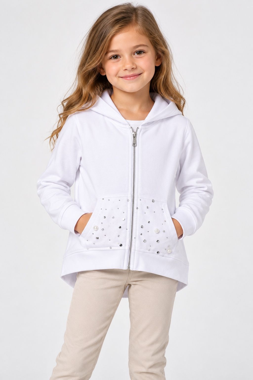 Girls’ White Embellished Zip-Up Hoodie, photo 2