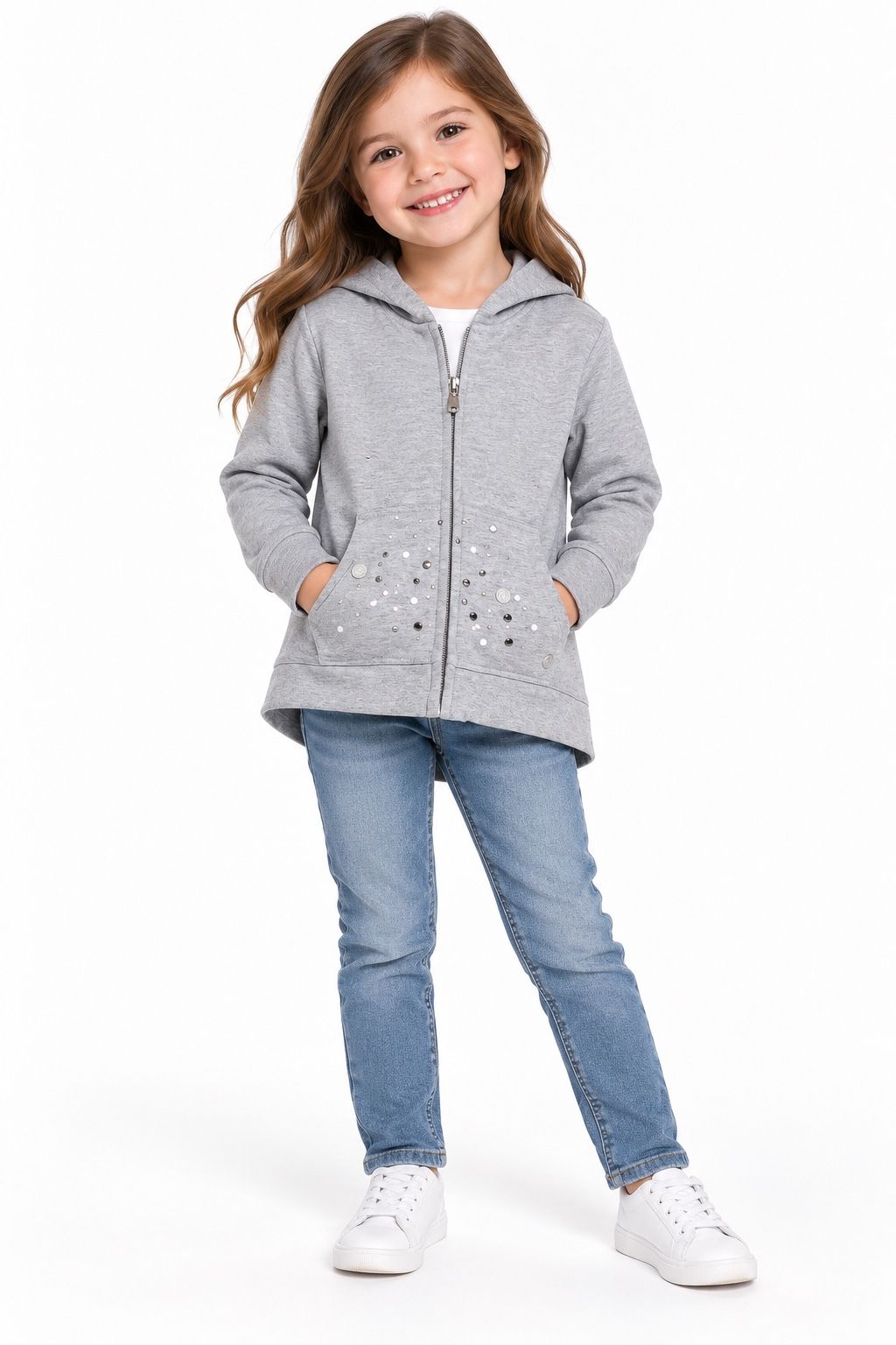 Girls’ Gray Hooded Jacket with Studded Pockets, photo 2