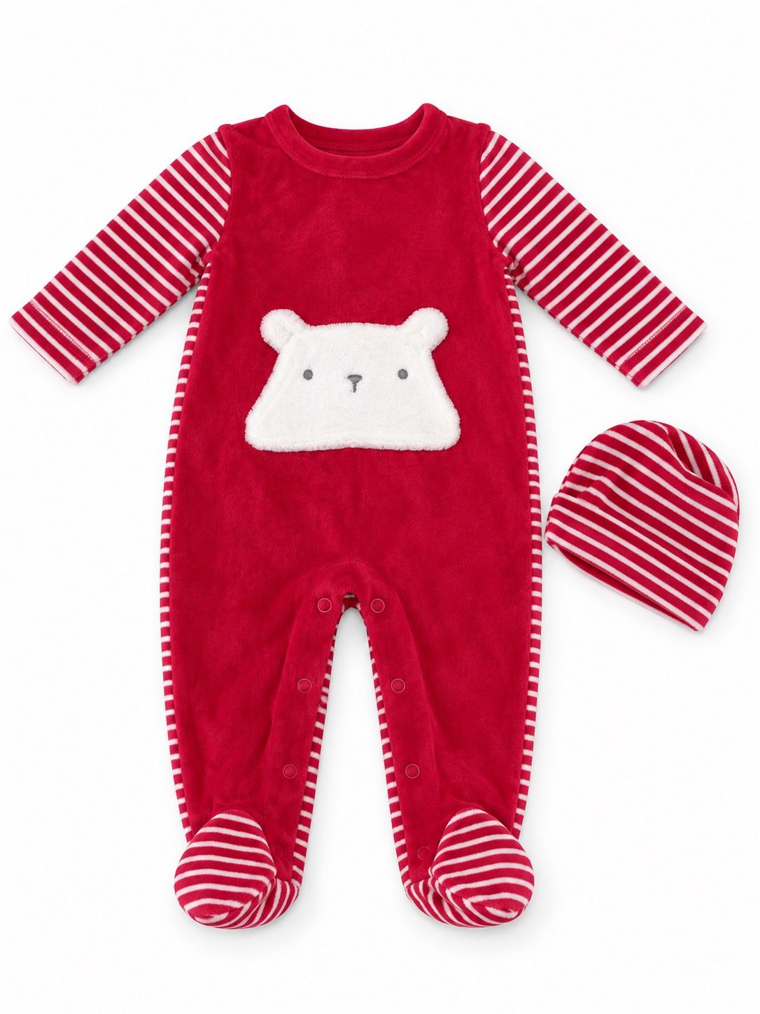 Baby Red Plush Bear Footed Romper Set