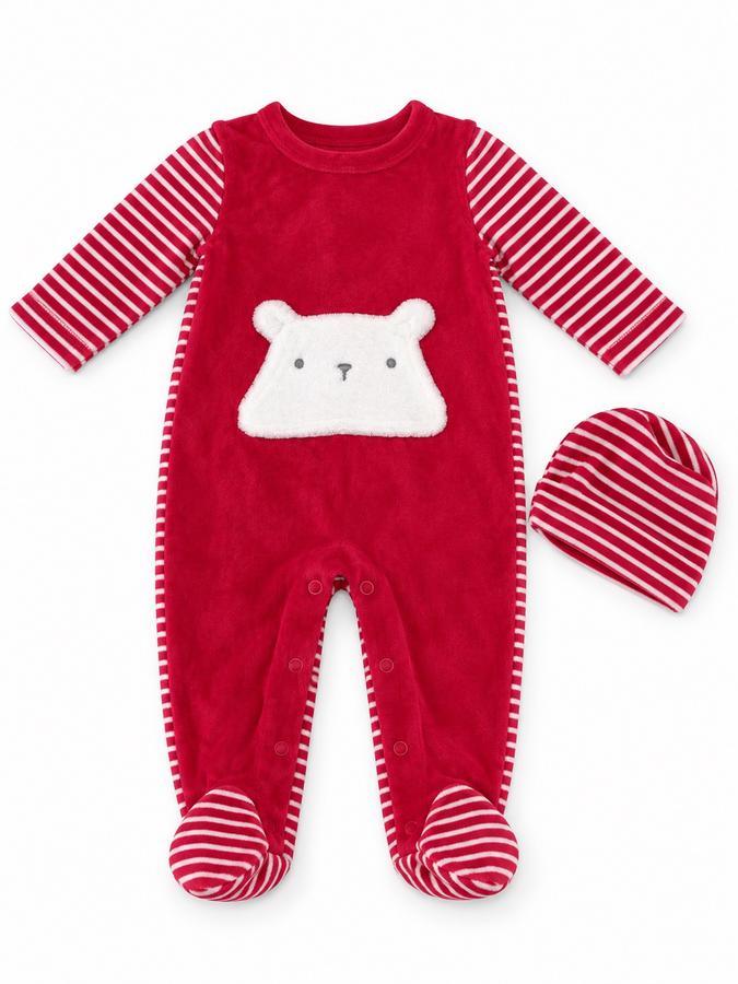 Baby Red Plush Bear Footed Romper Set