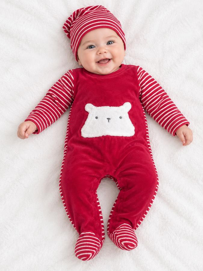 Baby Red Plush Bear Footed Romper Set, photo 2