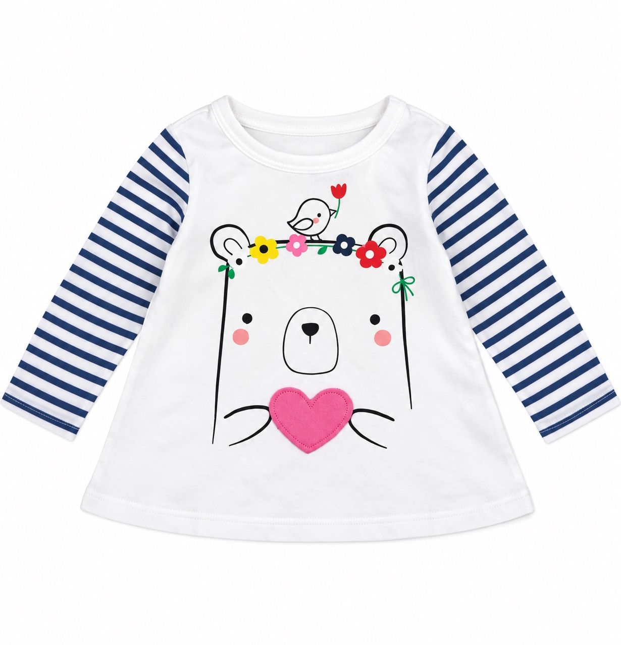 Baby Girl White Bear Graphic Top with Striped Sleeves