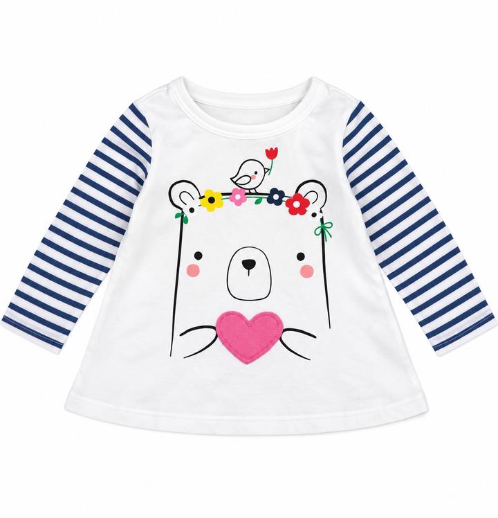 Baby Girl White Bear Graphic Top with Striped Sleeves