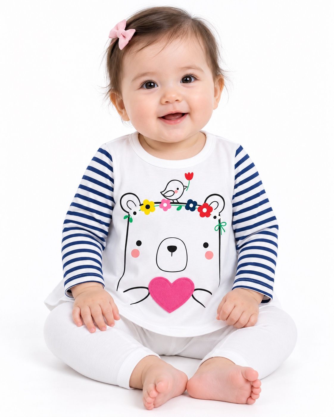 Baby Girl White Bear Graphic Top with Striped Sleeves, photo 2