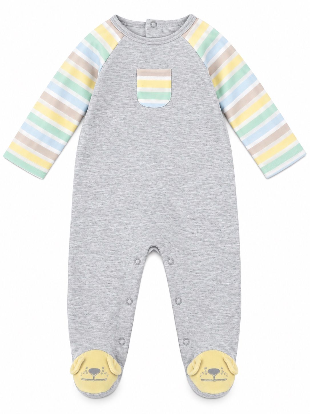 Baby Boy Gray Footed Romper with Pastel Striped Sleeves