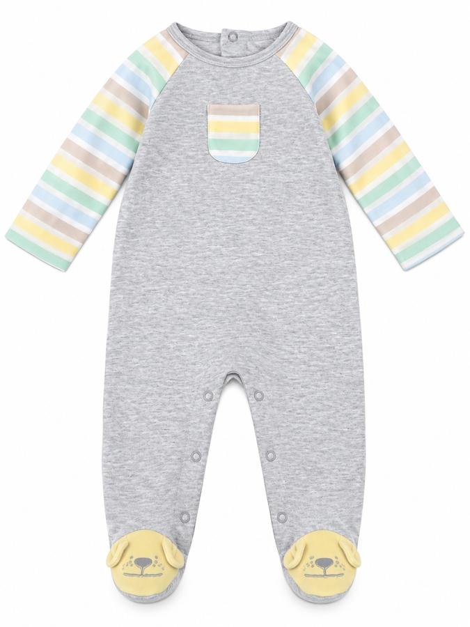 Baby Boy Gray Footed Romper with Pastel Striped Sleeves