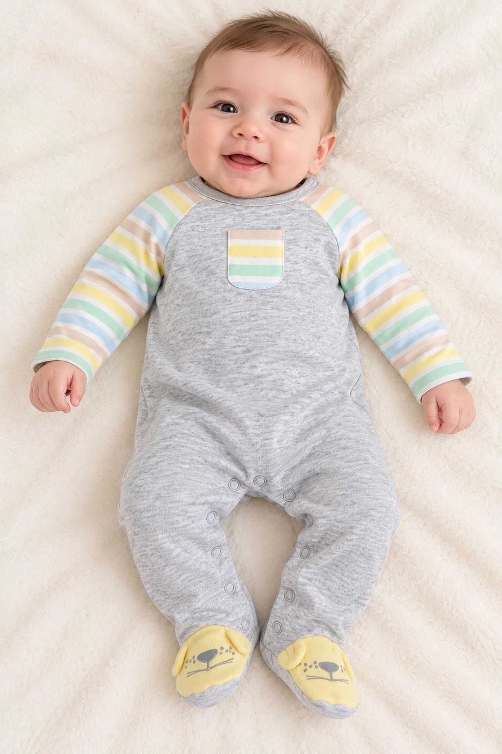 Baby Boy Gray Footed Romper with Pastel Striped Sleeves, photo 2