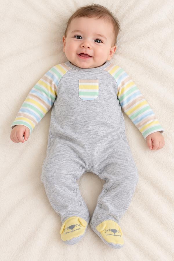 Baby Boy Gray Footed Romper with Pastel Striped Sleeves, photo 2