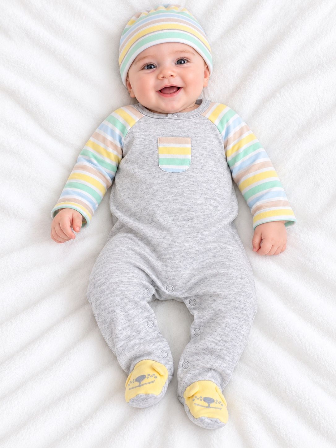 Baby Boy Gray Footed Romper with Pastel Striped Sleeves, photo 3