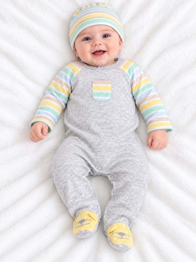 Baby Boy Gray Footed Romper with Pastel Striped Sleeves, photo 3
