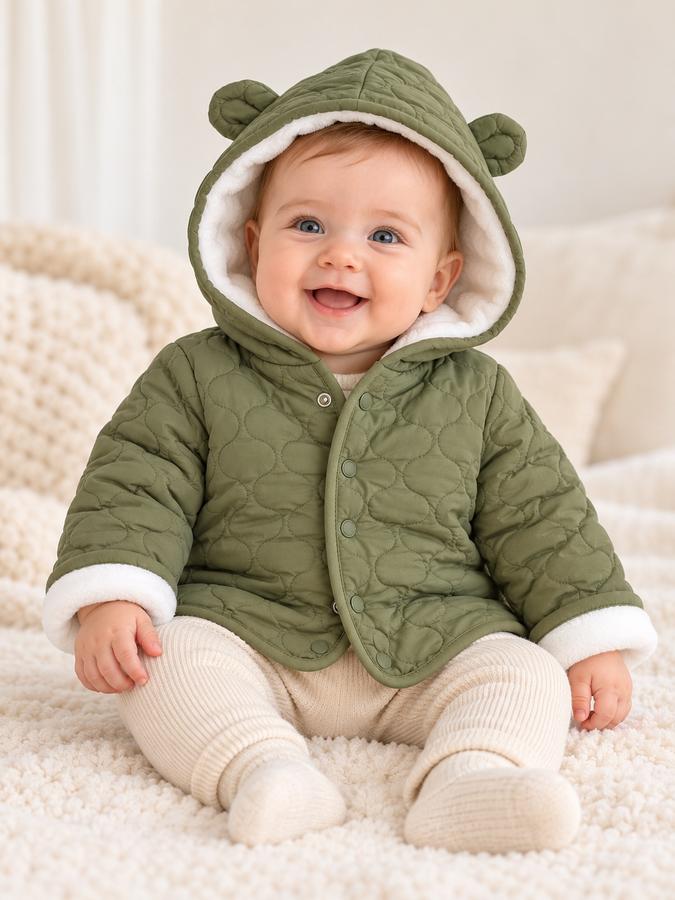 Olive Green Quilted Baby Jacket with Fleece Lining, photo 2