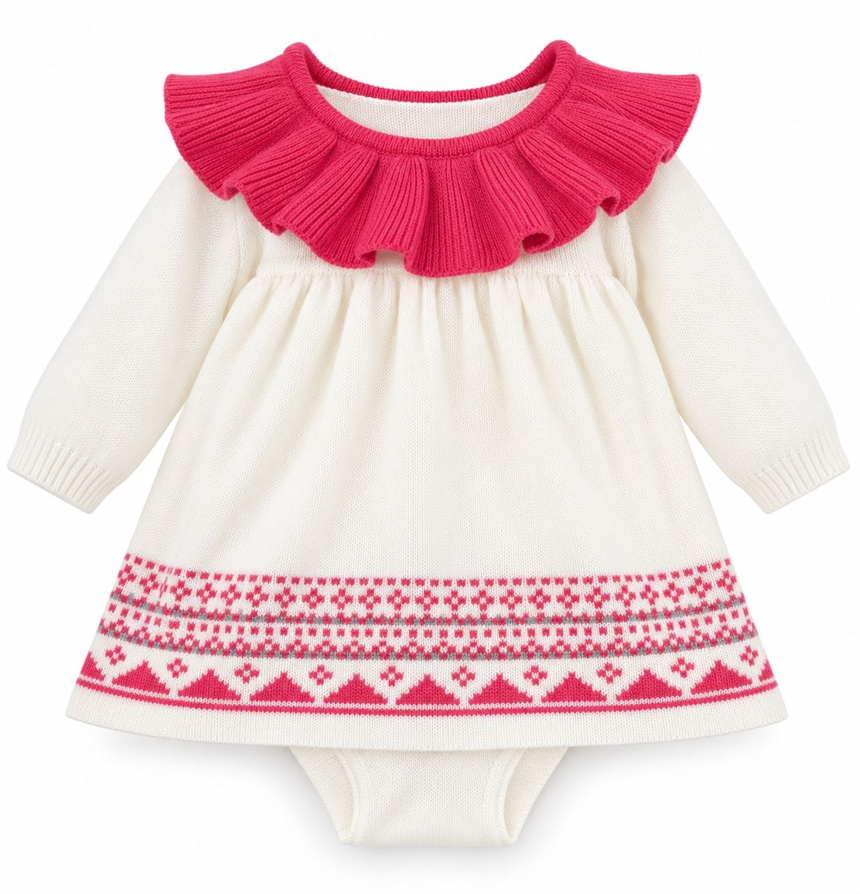 Baby Girl Ivory Knit Dress with Pink Ruffle Collar