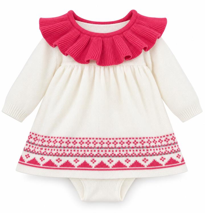 Baby Girl Ivory Knit Dress with Pink Ruffle Collar