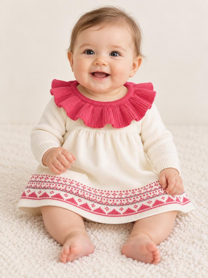 Baby Girl Ivory Knit Dress with Pink Ruffle Collar, photo 2