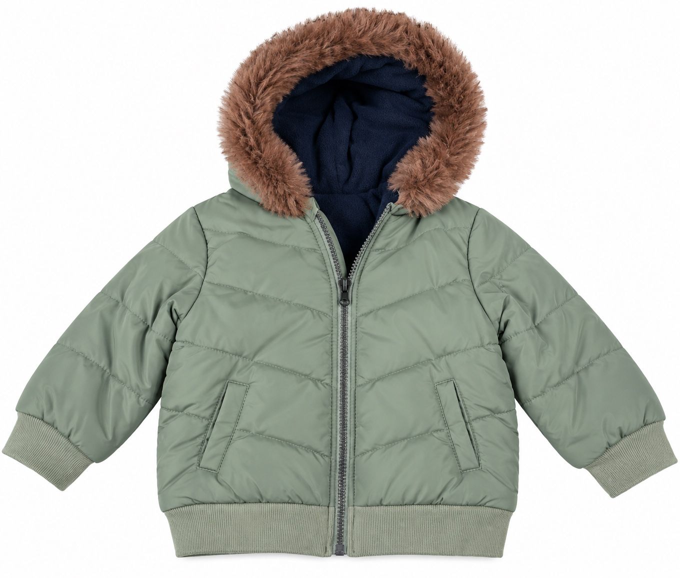 Sage Green Quilted Girls’ Jacket with Faux-Fur Hood