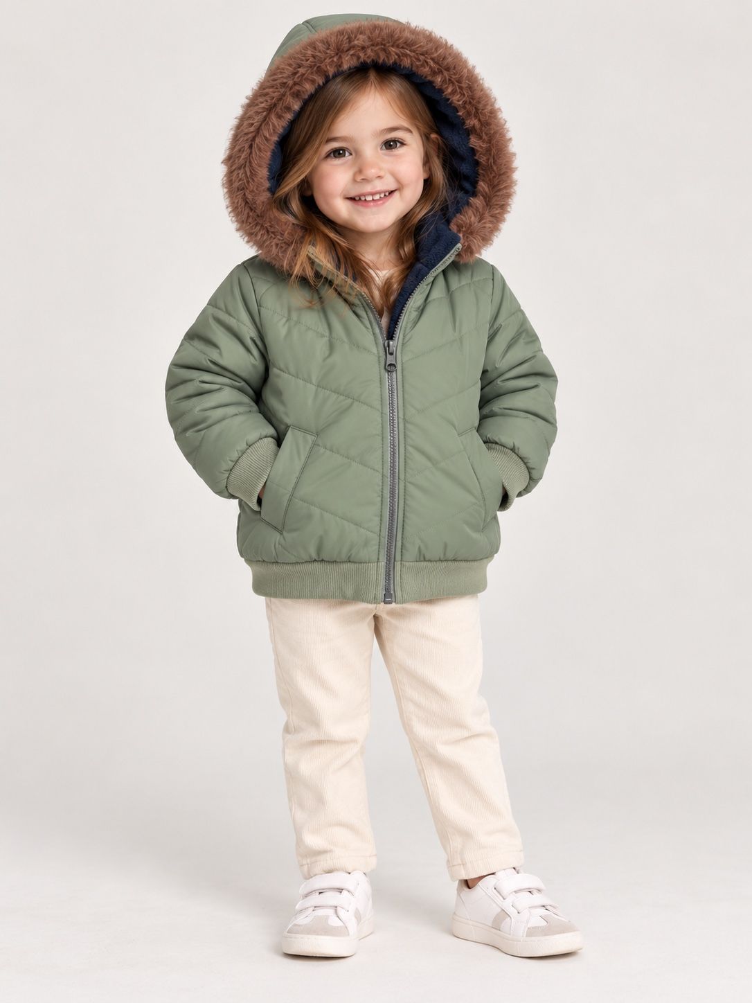 Sage Green Quilted Girls’ Jacket with Faux-Fur Hood, photo 2