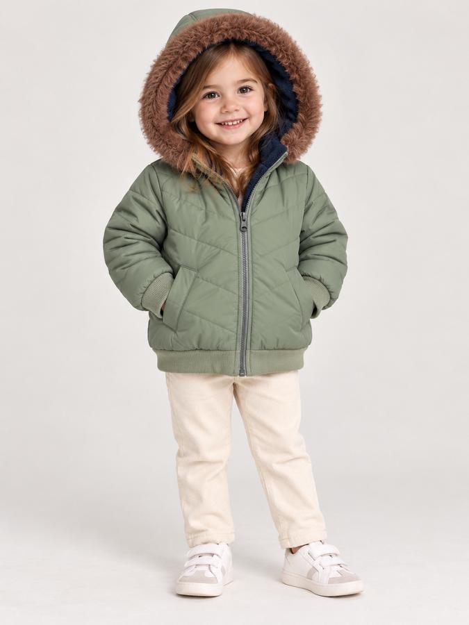Sage Green Quilted Girls’ Jacket with Faux-Fur Hood, photo 2