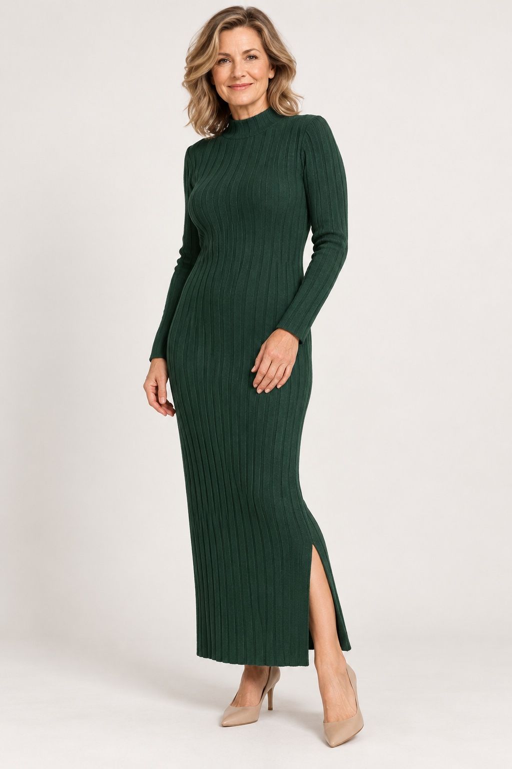 Dark Green Ribbed Knit Maxi Dress with Side Slit, photo 2
