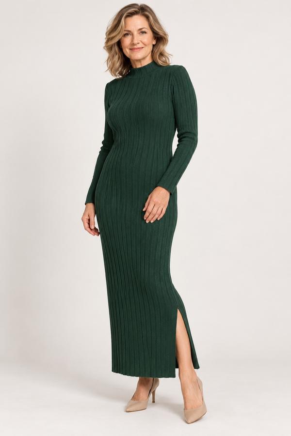 Dark Green Ribbed Knit Maxi Dress with Side Slit, photo 2