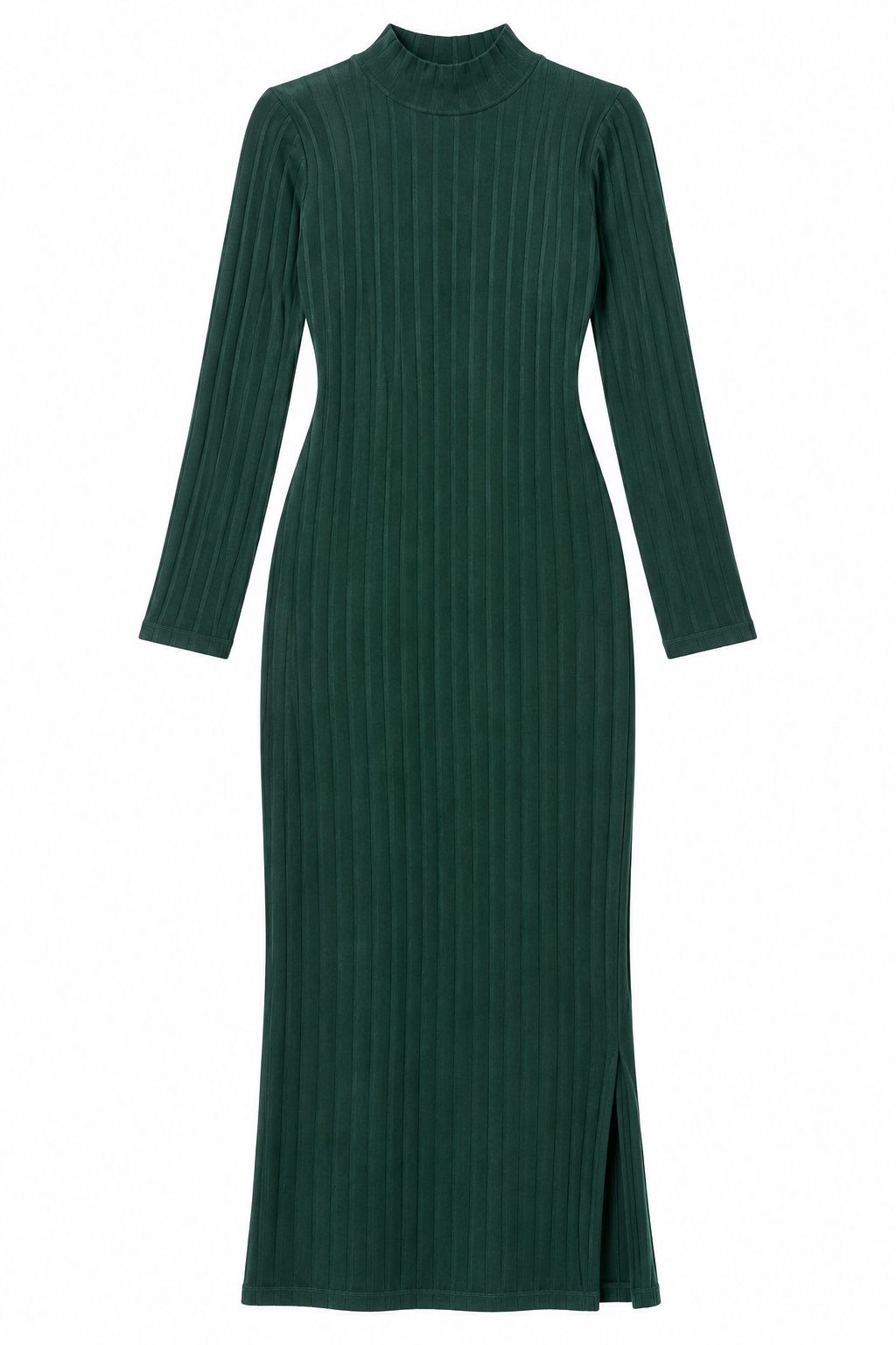 Dark Green Ribbed Knit Maxi Dress with Side Slit