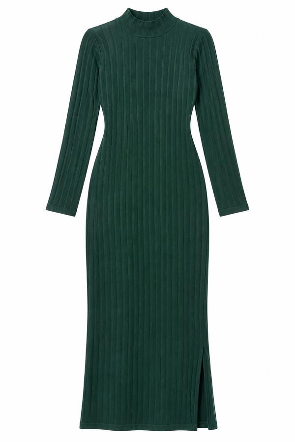 Dark Green Ribbed Knit Maxi Dress with Side Slit