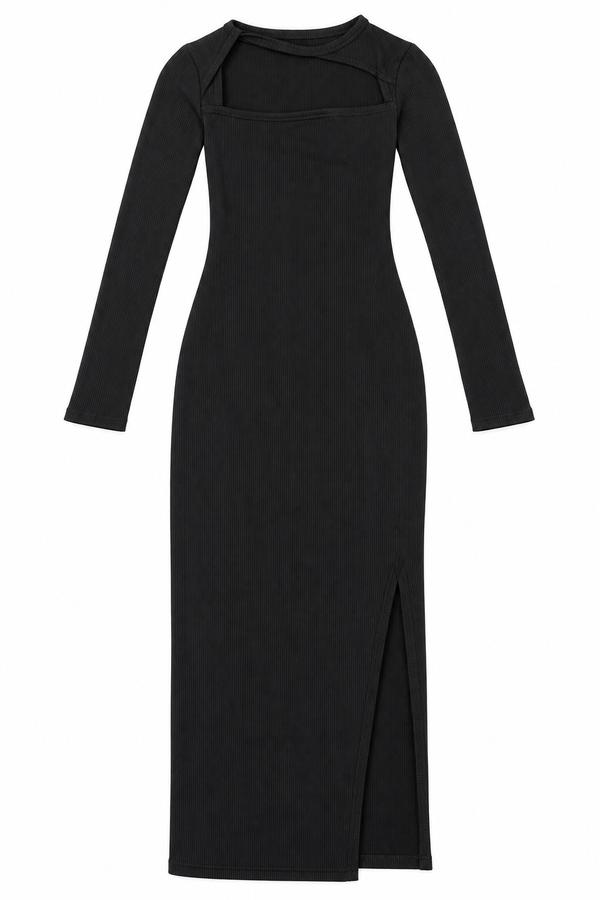 Bershka Black Ribbed Cut-Out Maxi Dress