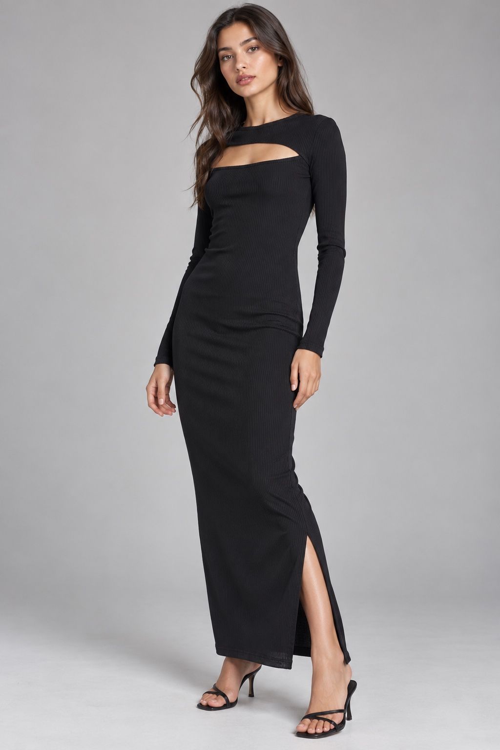 Bershka Black Ribbed Cut-Out Maxi Dress, photo 2