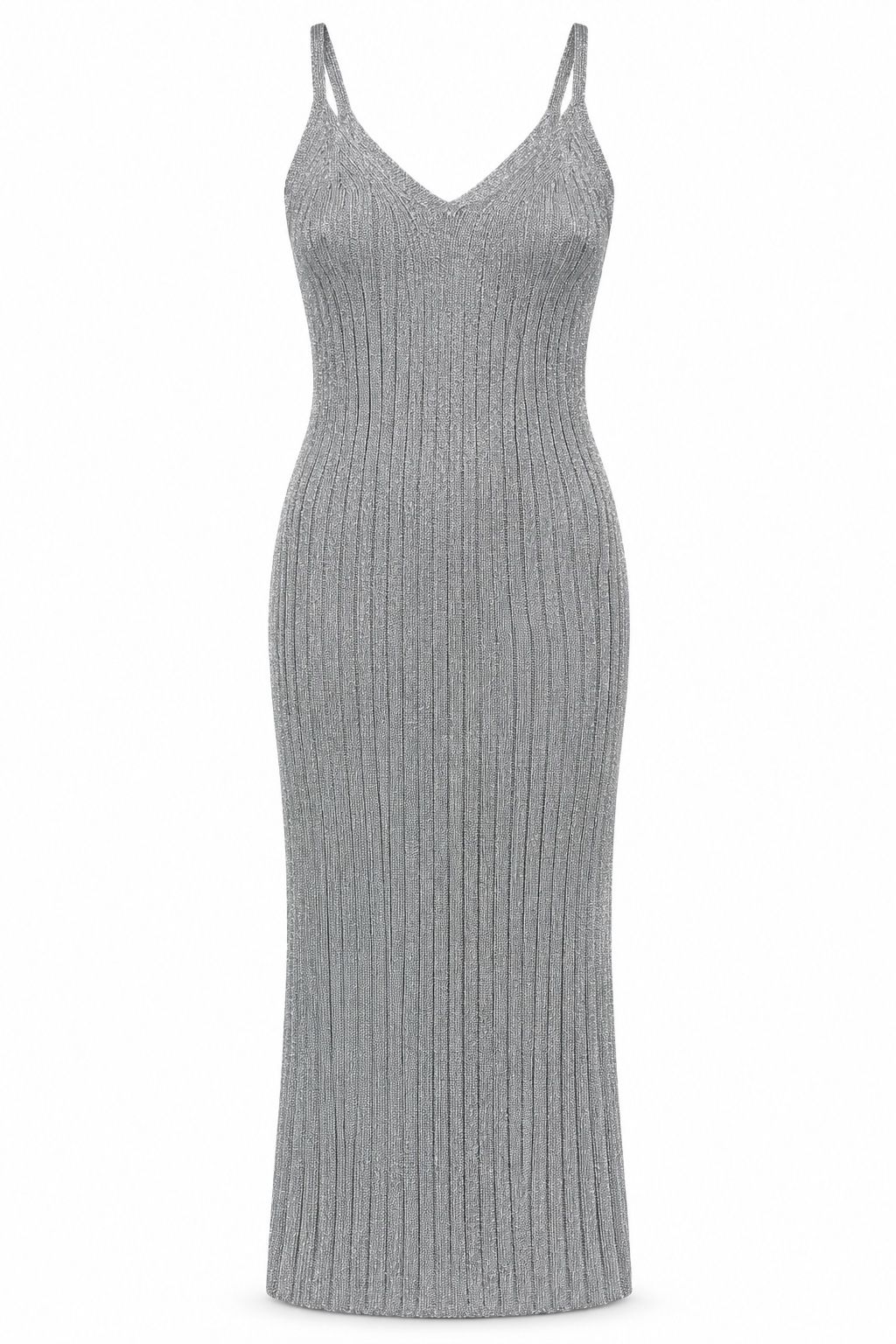 Silver Metallic Ribbed Knit Midi Dress