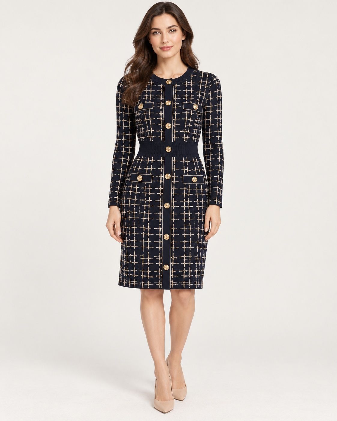 Navy Geometric Knit Button-Front Dress, photo 2