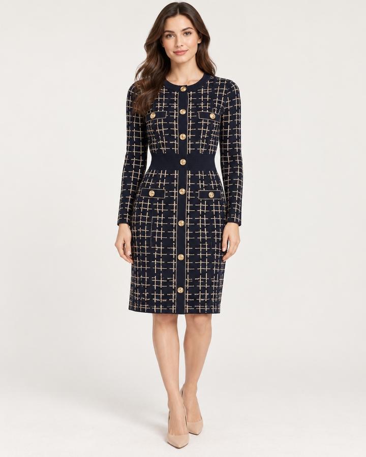 Navy Geometric Knit Button-Front Dress, photo 2