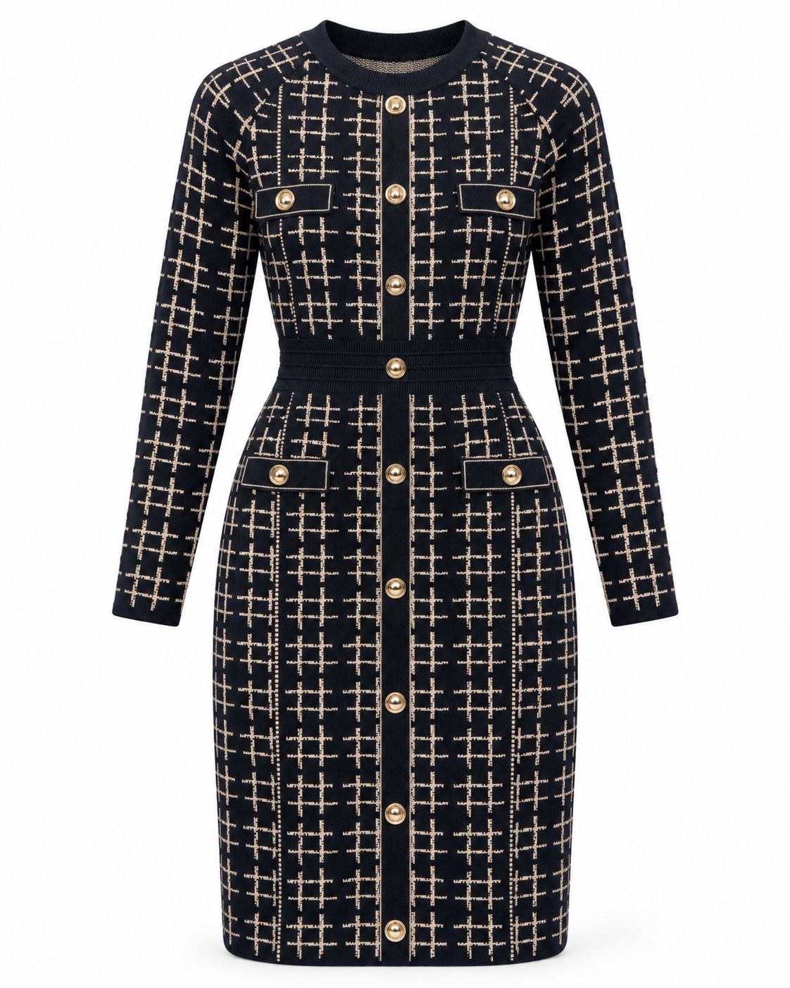 Navy Geometric Knit Button-Front Dress