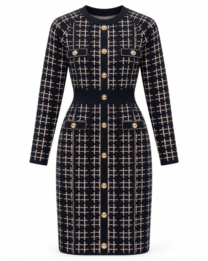Navy Geometric Knit Button-Front Dress
