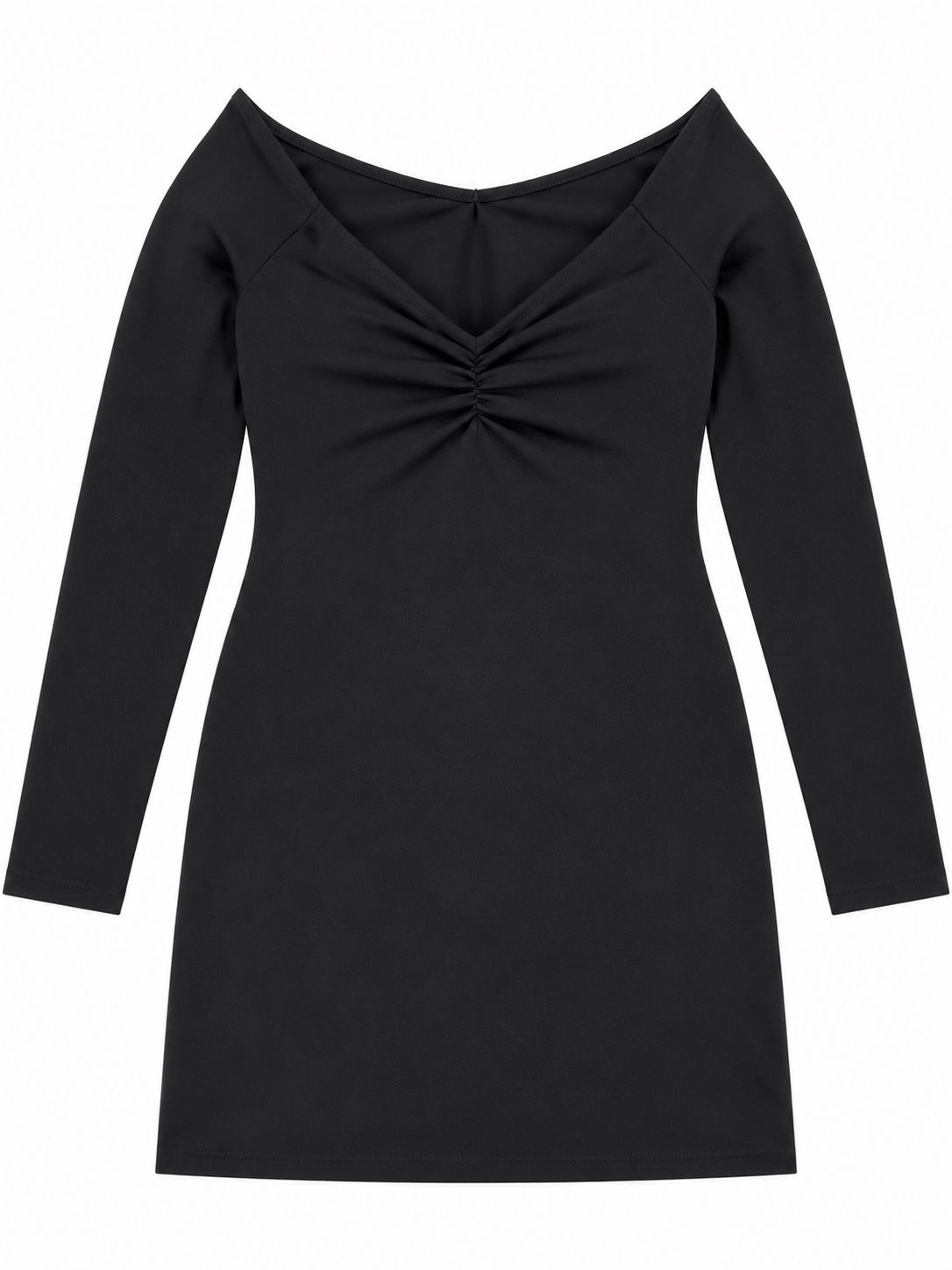 Women’s Black Long-Sleeve Ruched V-Neck Dress