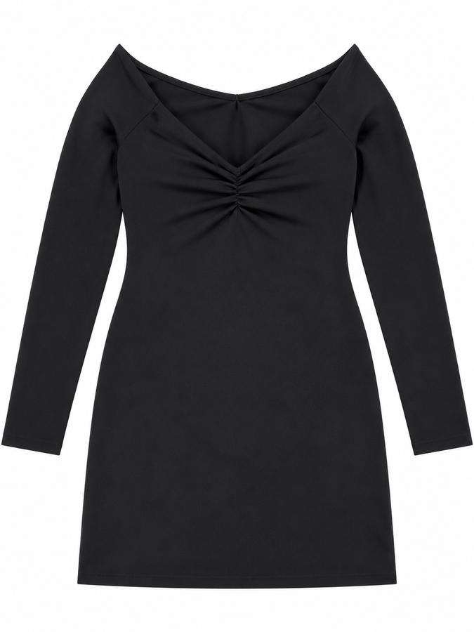 Women’s Black Long-Sleeve Ruched V-Neck Dress