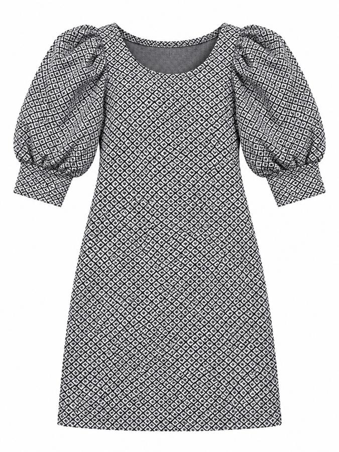 Nafnaf Black and White Geometric Puff-Sleeve Dress